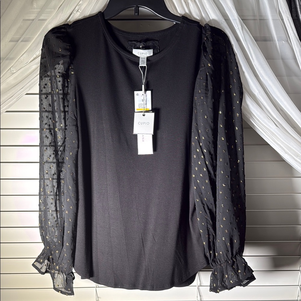 Cupio Black Ruffled Top with Sheer Sleeves